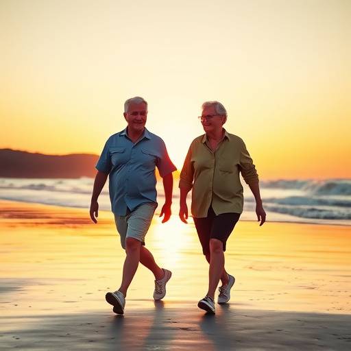 Older couple happily enjoying their retirement, walking on a beach at sunset.
